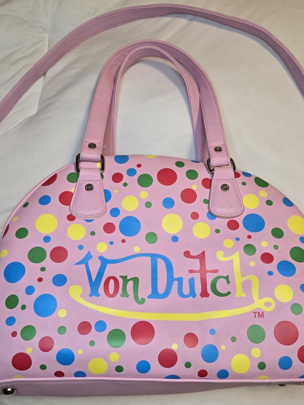 Rare Von Dutch Pink Multicolor Polka Dot Bowling Bag Satchel Y2K Style